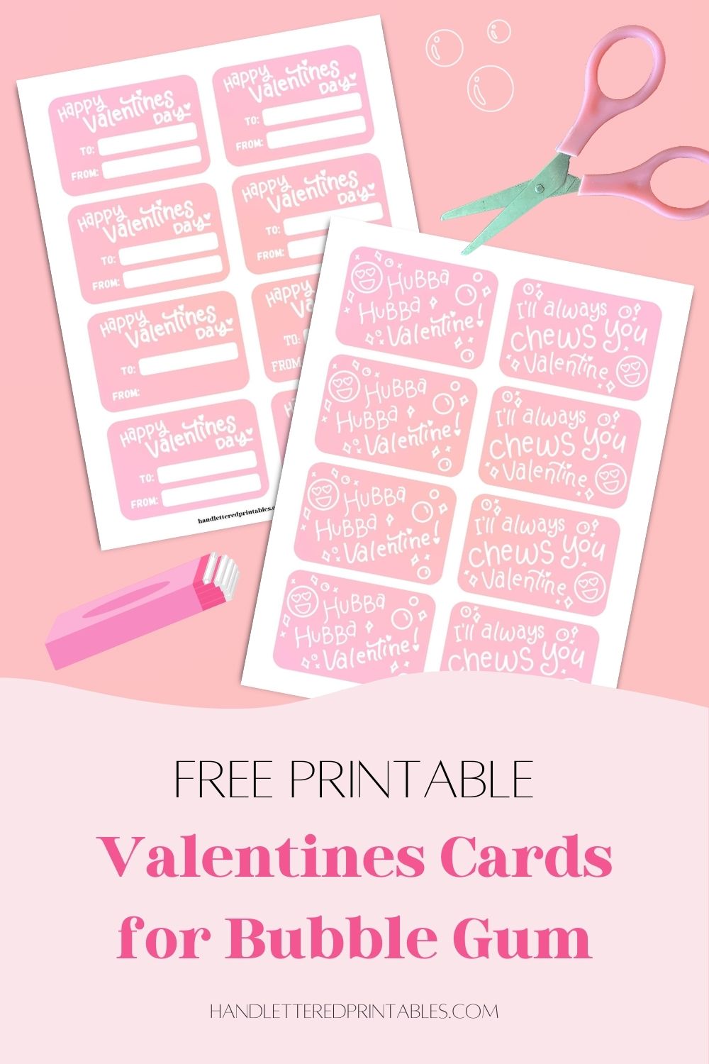 image of printed bubblegum valentines front and back with cartoon pack of gum and scissors. text reads free printable valentines cards for bubble gum