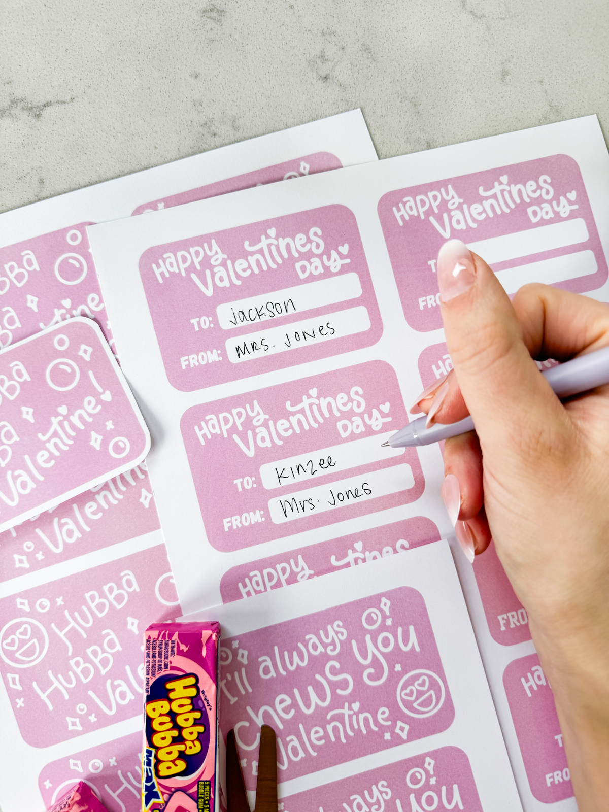 bubble gum valentines cards- free printable being written on with names