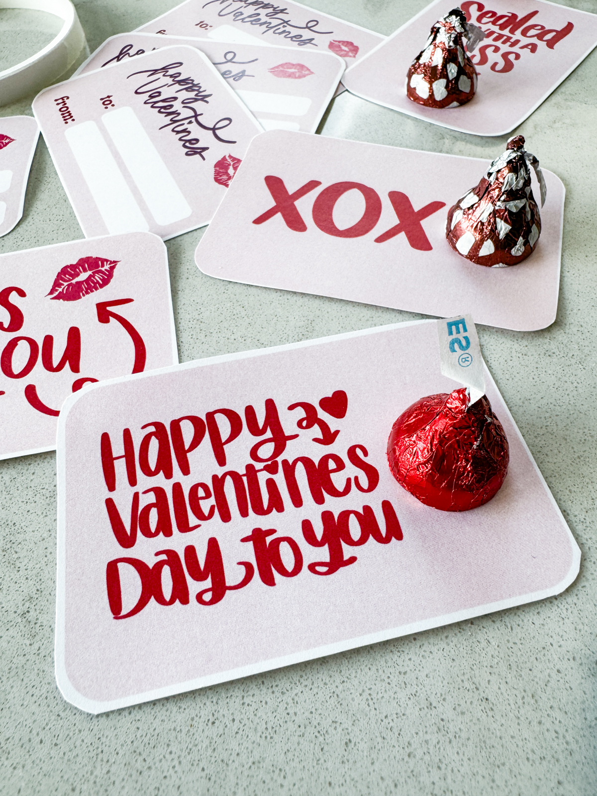 happy valentines day to you free printable valentines cards shown with attached hershey's kisses