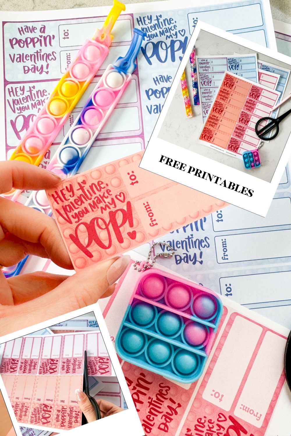 text reads: free printables pop it themed valentines cards printed and styled with popits. 4 color schemes with two sentiments: hey valentine, you make my heart pop' (held in photo) and 'have a poppin valentines day'. image overlay shows printables printed full sheet before being cut to size. second image overlay shows valentines being cut to size.