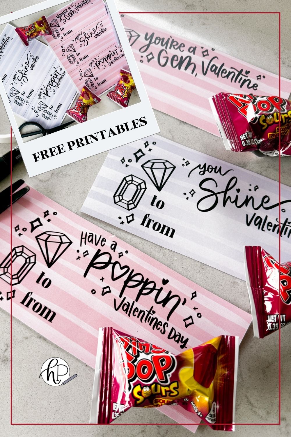 image of printed valentines with a gem theme, designed to pair with ring pops. printed and cut to size on a marble counter shown with ring pops in packaging for each valentine card hand lettered valentines in both pink and purple read:' you're a gem, valentine', 'you shine, valentine', and 'have a poppin' valentine's day' image overlay reads 'free printables' and shows printables before they are cut from the full sheets