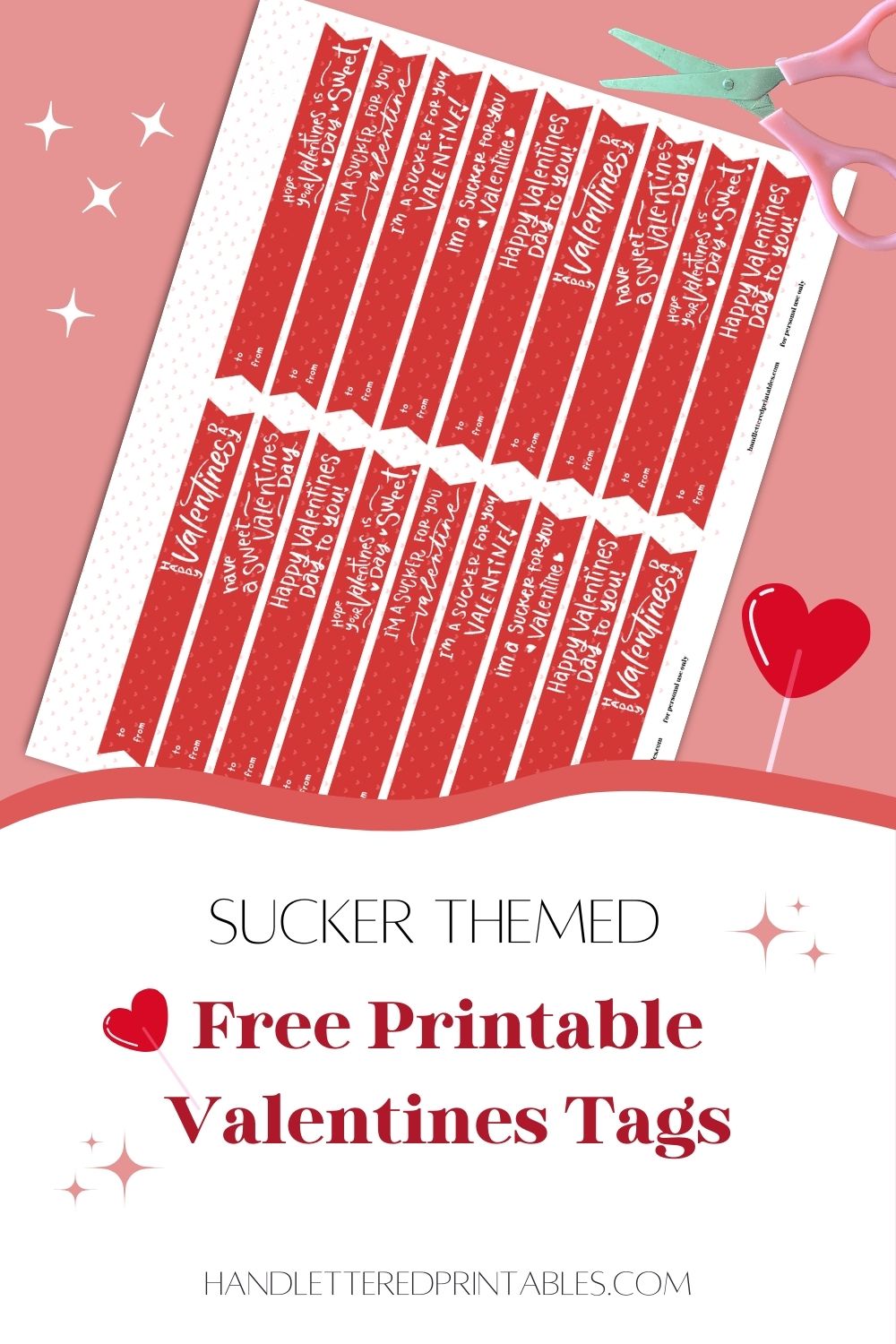Free printable sucker tags for valentines day, image of printed sheet with scissors