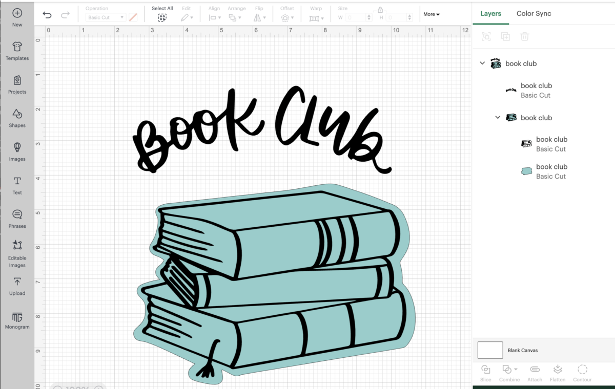 screen shot of book club SVG file uploaded to cricut design space