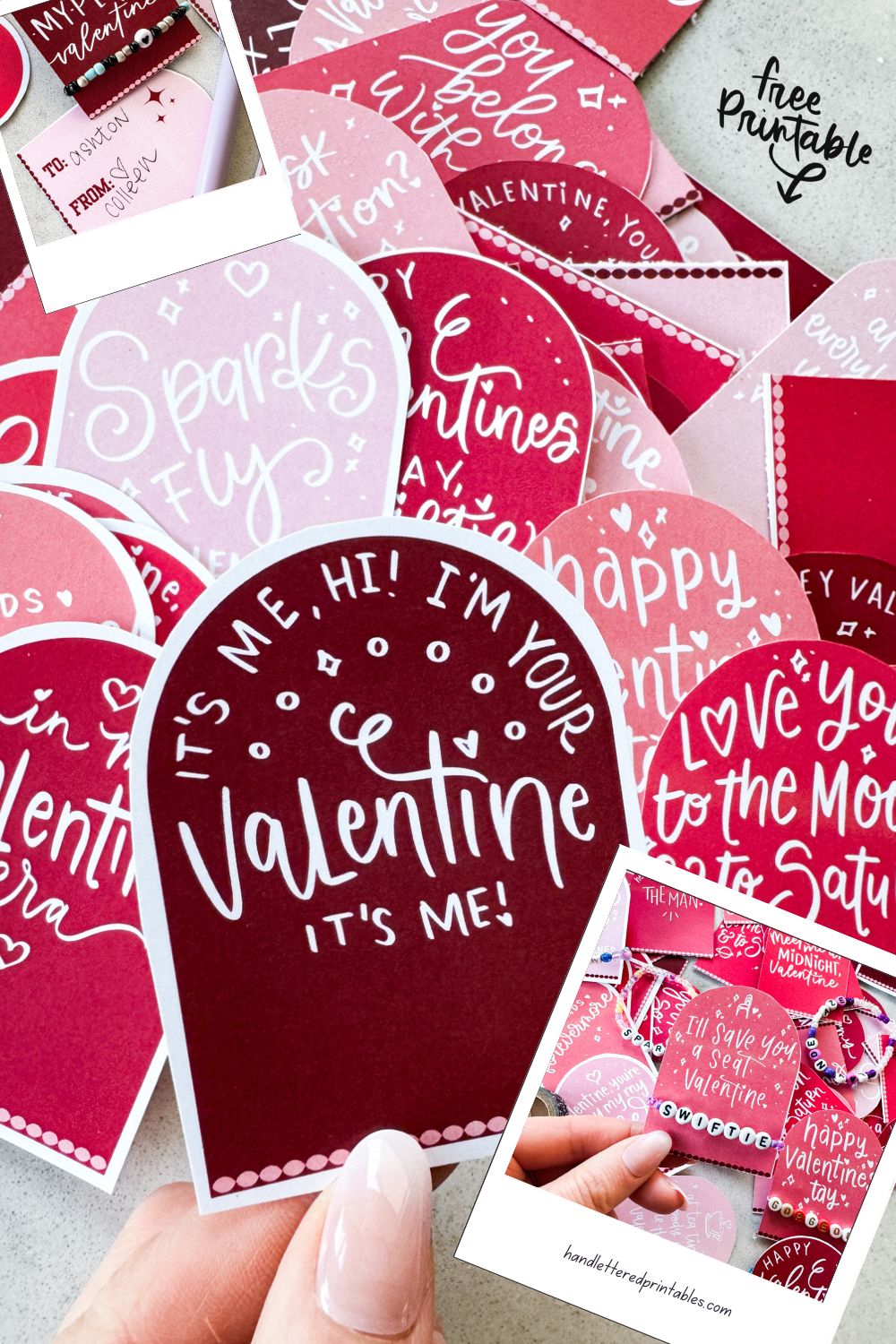 taylor swift themed valentines day cards printed and cut to size (pink and deep burgundy color with white hand lettered song lyrics) shown on marble countertop with beaded friendship bracelets. held valentine reads: it's me, hi! i'm your valentine, it's me! image overlay shows 'i'll save you a seat, valentine' with 'swiftie' friendship bracelet other image overlay shows reverse of valentines with space for to and from text overlay reads: free printable