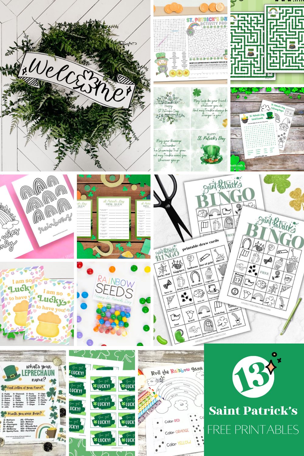 collage of 13 free printables for saint patricks day with title text
