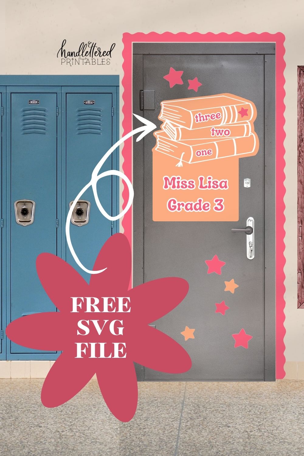 Stack of books free SVG file used on classroom door decor text overlay reads 'free SVG file'