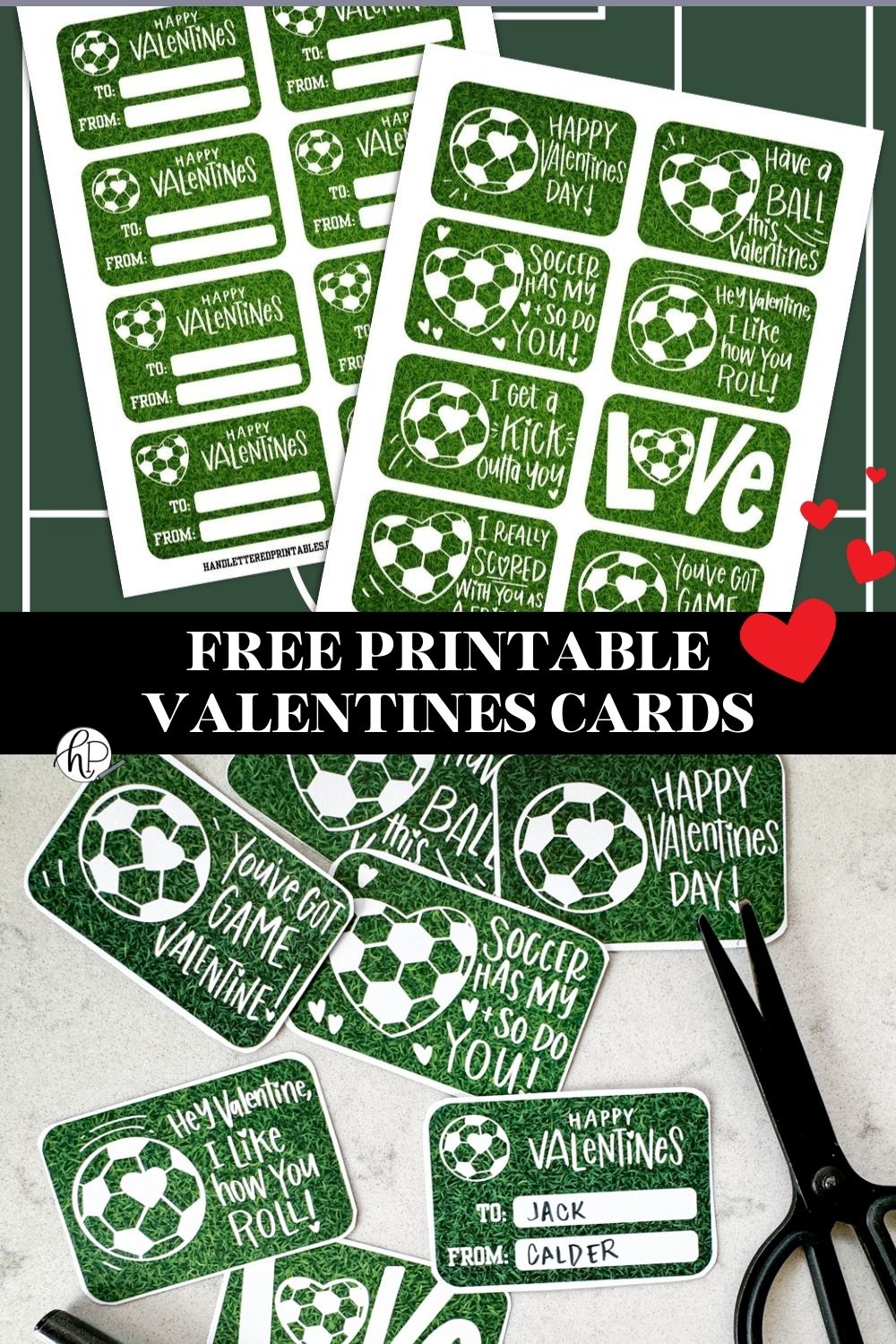 top image: 8 soccer themed valentines cards shown printed out front and back on green background. text title reads: free printable valentines cards bottom image shows valentines cut to size on marble countertop valentines have a heart shaped soccer ball and a soccer ball with a heart on it and a grass background. valentines puns and sentiments include: happy valentines day, have a ball this valentines, hey valentine i like how you roll, soccer has my heart and so do you, i get a kick outta you, love (with a heart soccerball as the o), you've got game valentine, and i really scored with you as a friend reverse reads 'happy valentines' with room for to and from names. soccer/ american football