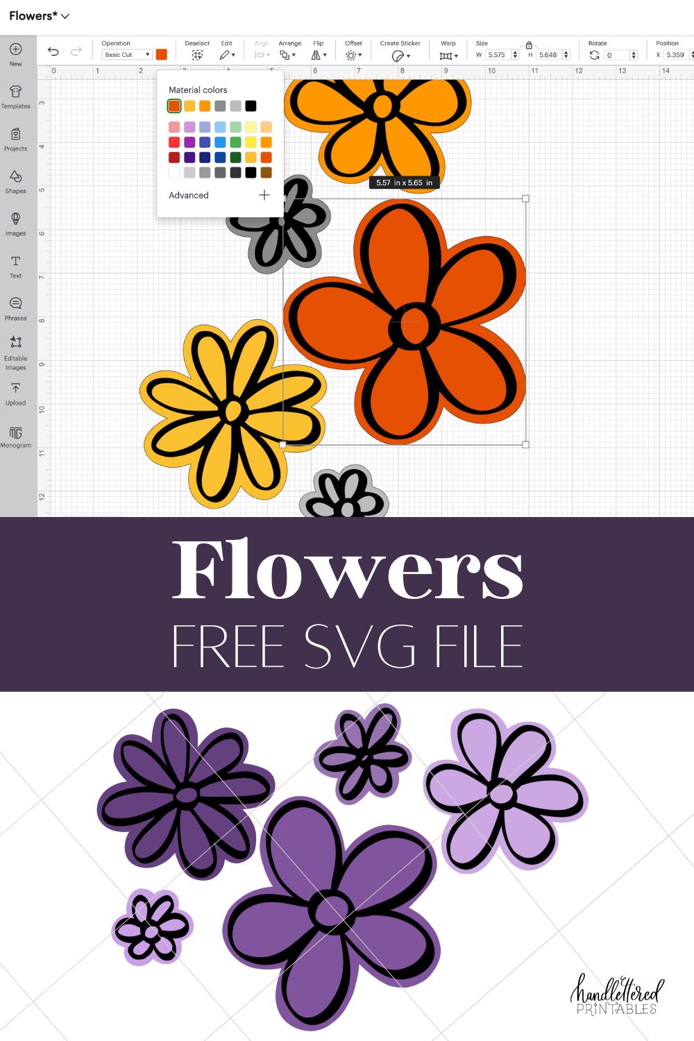 2 Layer cut file of 5 hand drawn flowers (free) shown on a white background, top image shows cut file loaded into Cricut Design space with each flower background a different color Title text reads: Flowers Free SVG File
