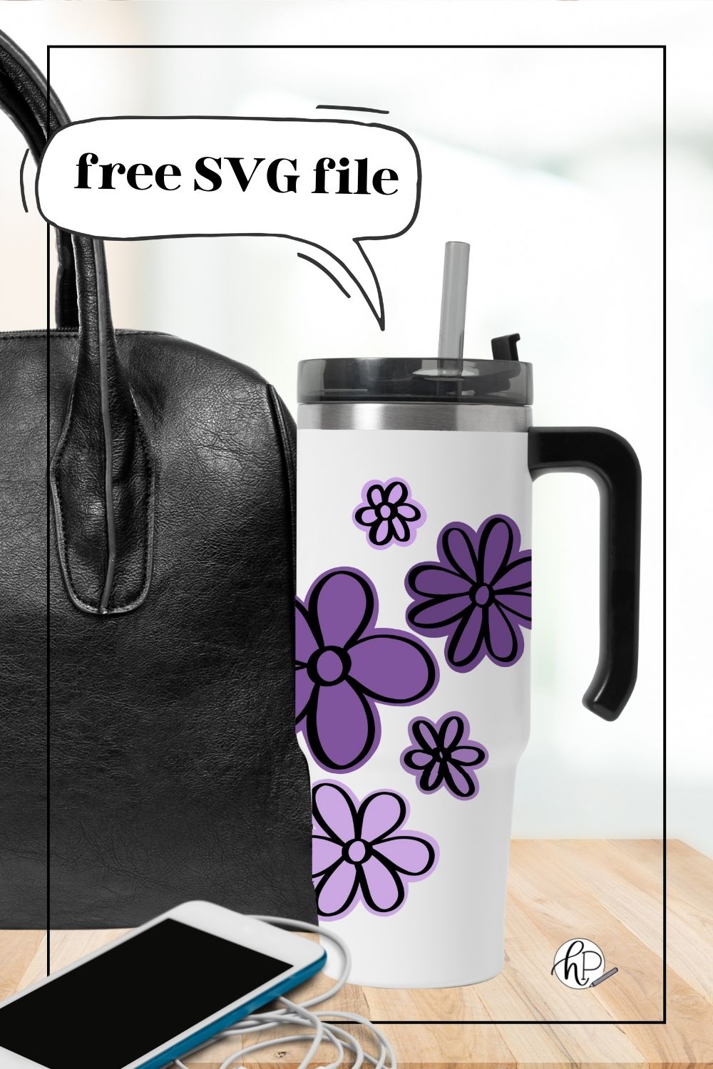 2 Layer cut file of 5 hand drawn flowers (free), shown cut from permanent vinyl on a tumbler with a purple background layer and black flower outline. Text overlay reads 'free SVG file'
