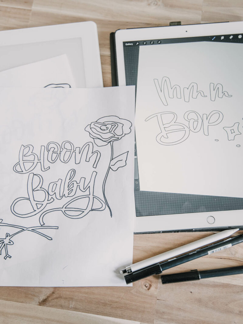 hand lettered coloring sheets shown being created- image leads to blog post teaching how to make your own hand lettered coloring sheets