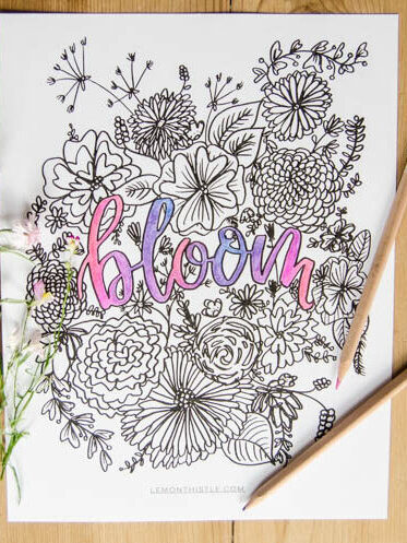 Bloom free printable coloring sheet shown the hand lettering colored in ombre pencil crayon in pink blue and purple. floral designs are not yet colored