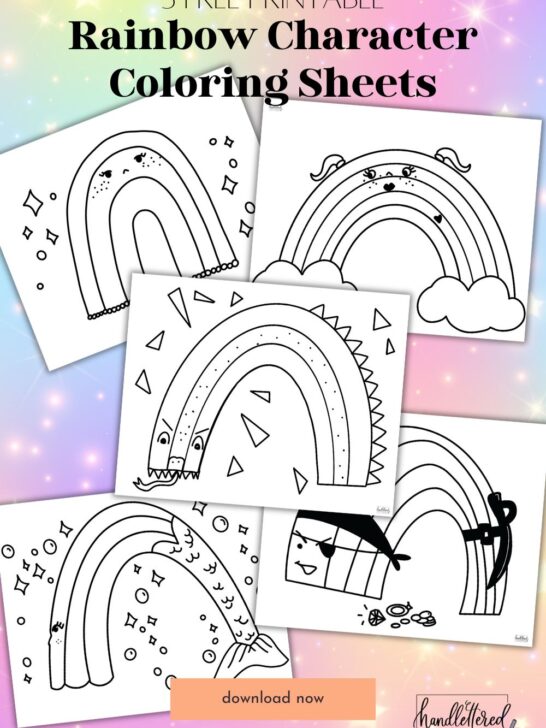 Text reads: 5 free printable rainbow characters coloring sheets image shows all 5 coloring sheets overlayed on a rainbow background with stars. download now button at the bottom of the page. characters include basic rainbow with face, girl with pigtails rainnbow, dragon rainbow, pirate rainbow and mermaid rainbow