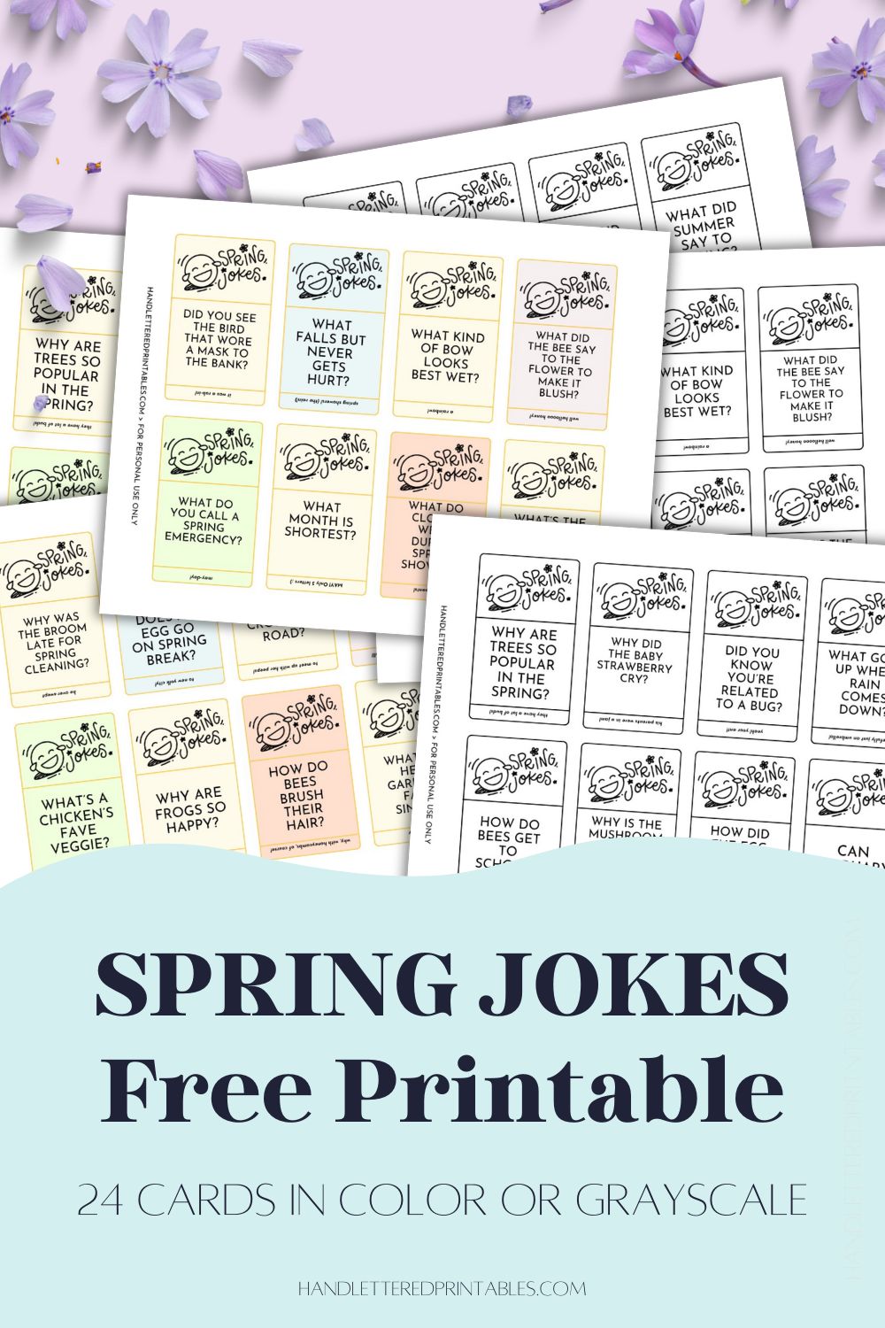 image of printed joke cards 6 to a page on purple backdrop with purple flowers scattered. text over reads: spring jokes free printable 24 cards in color or grayscale