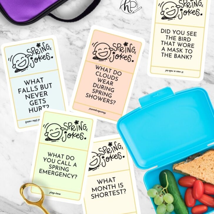 image of lunchbox and lunch packing on marble countertop with joke cards cut to size. joke cards printed in color with hand lettered title, illustrated laughing face emoji and easy to read jokes for kids.