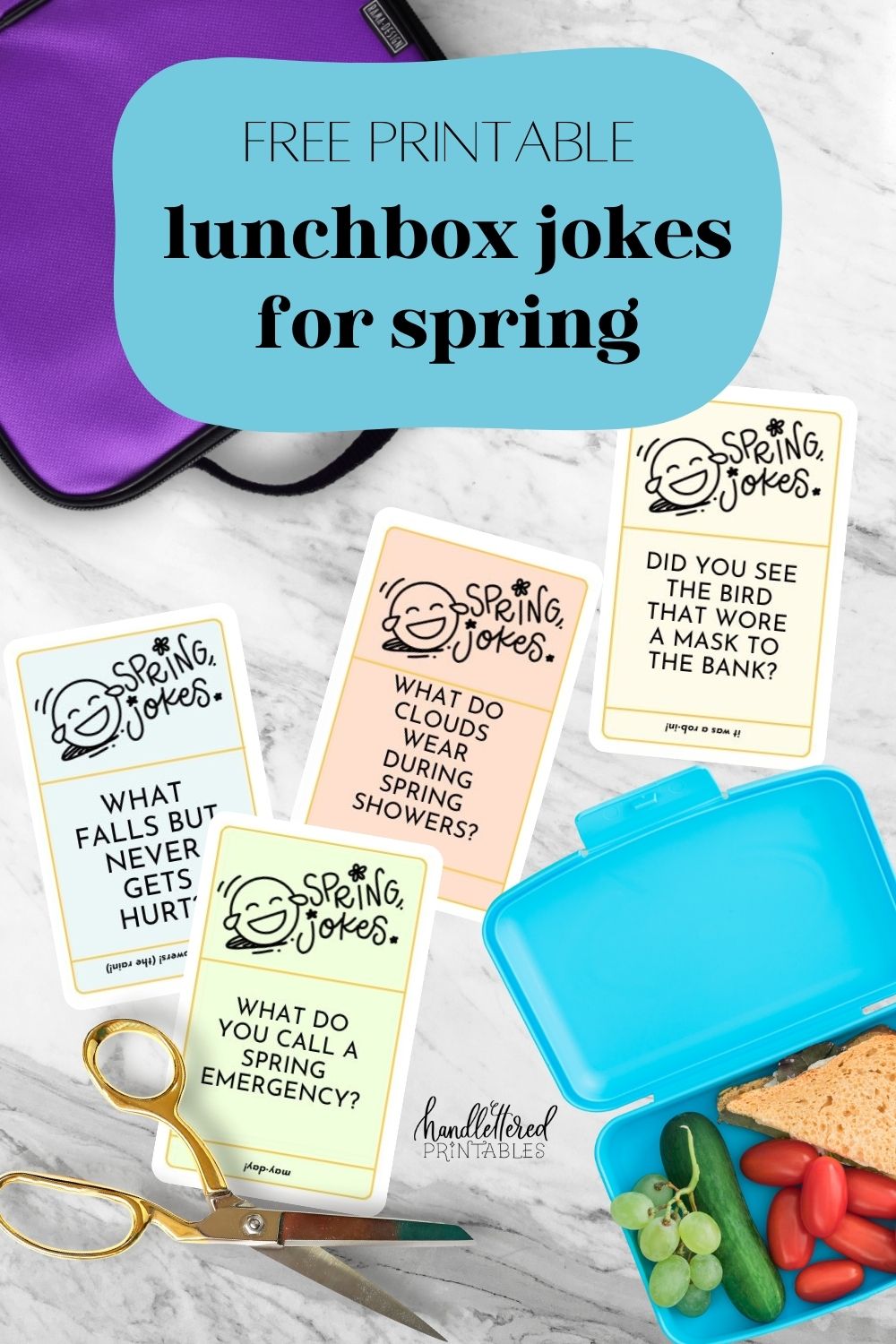 text over reads: free printable lunchbox jokes for spring image of lunchbox and lunch packing on marble countertop with joke cards cut to size. joke cards printed in color with hand lettered title, illustrated laughing face emoji and easy to read jokes for kids.