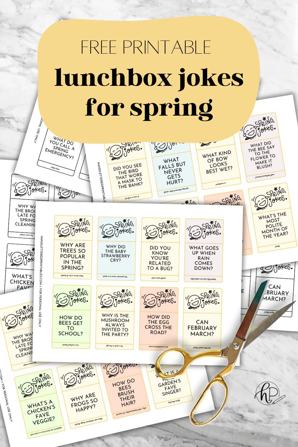 image of printed joke cards 6 to a page on marble countertop with gold scissors on top. text over reads: free printable lunchbox jokes for spring