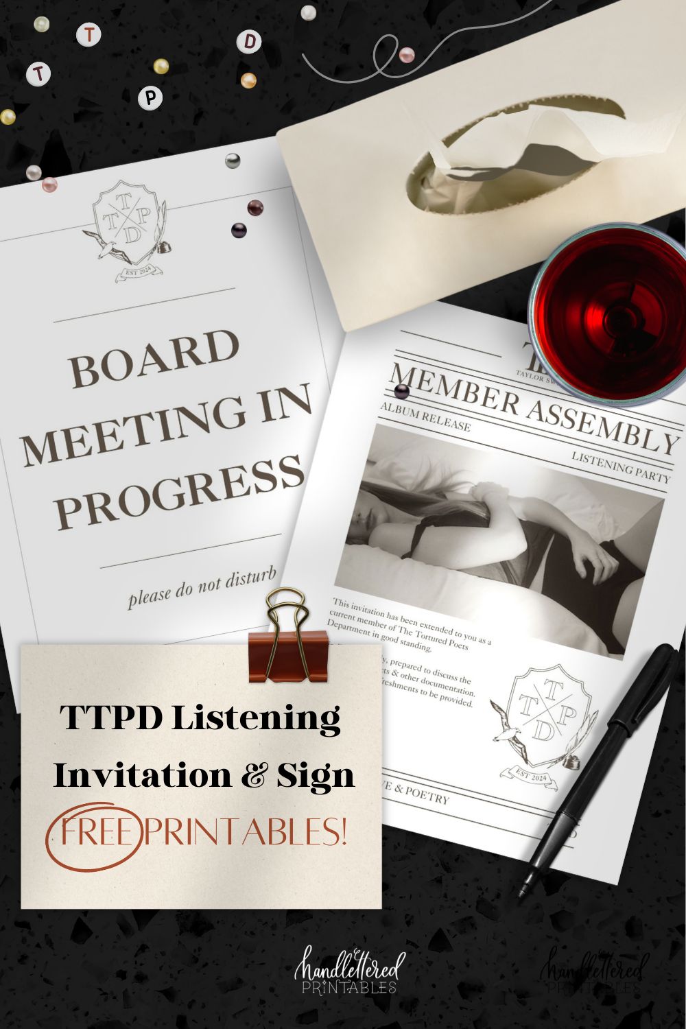 image of TTPD Listening Party Invitation and Signage on a dark countertop with friendship bracelet beads, box of tissues, glass of red wine and pen. note card with binder clip reads: TTPD Listening Invitation and Sign Free Printables