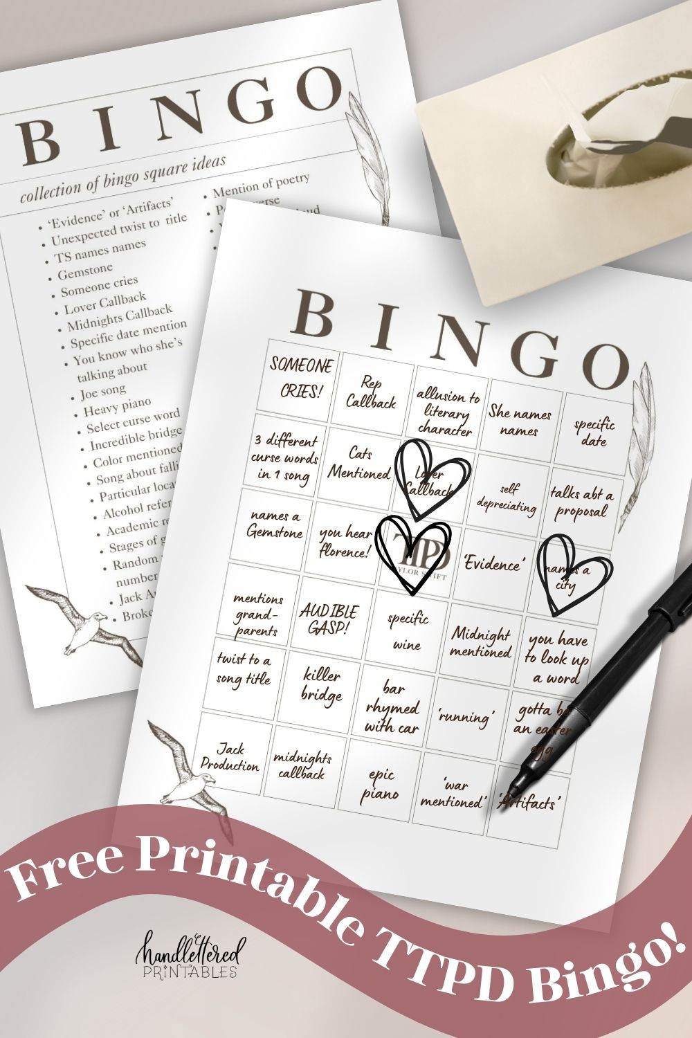 image of taylor swift ttpd themed bingo card full of ideas with a few crossed off with hearts. second page printed is a list of ideas for the bingo cards. both sheets of paper are shown on a light table with a glass of wine and box of tissues. text over reads: free printable TTPD bingo