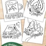 4 camping coloring sheets printed on wooden table with pencil crayons Text over reads: free printable coloring sheets