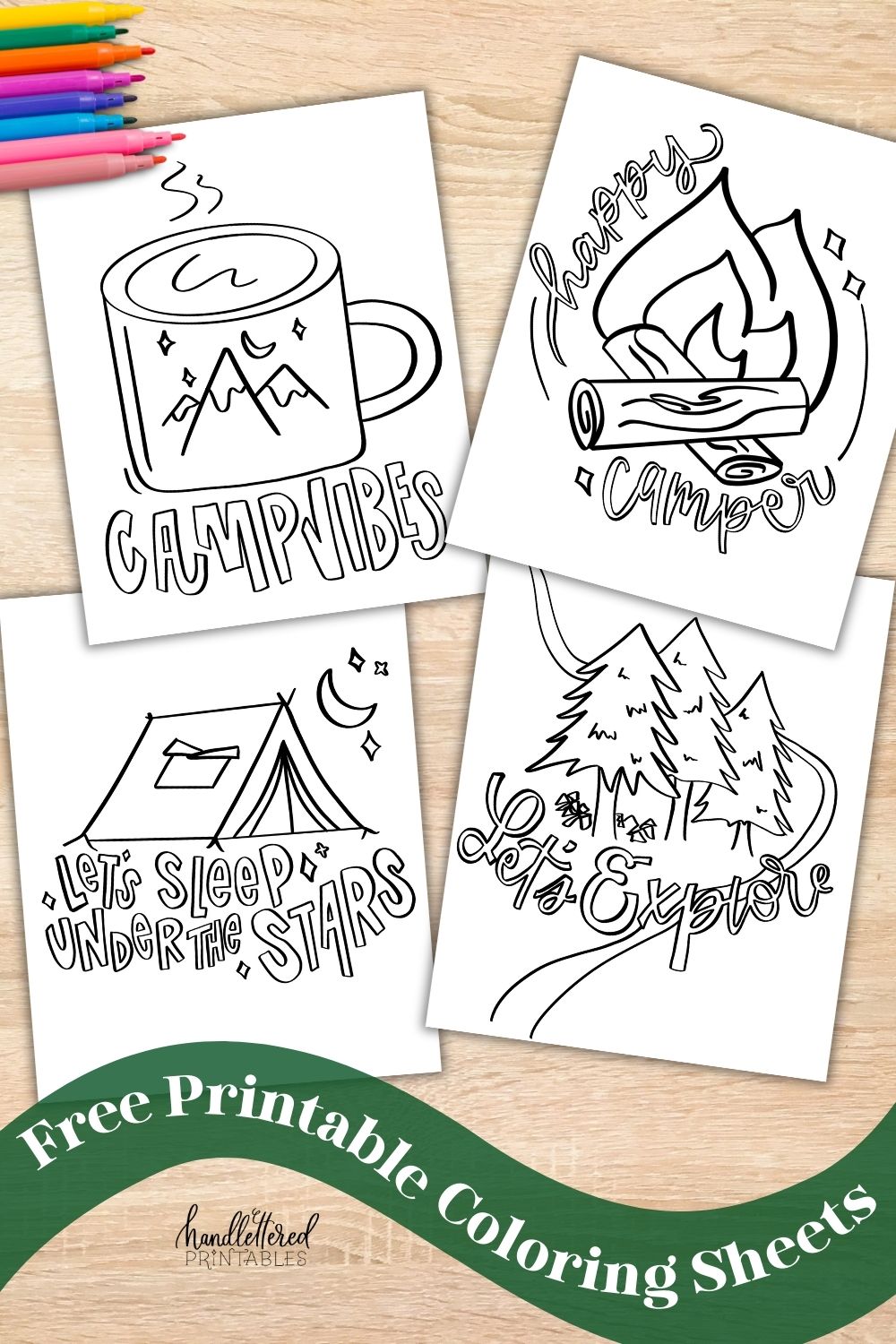 4 camping coloring sheets printed on wooden table with pencil crayons 

Text over reads: free printable coloring sheets