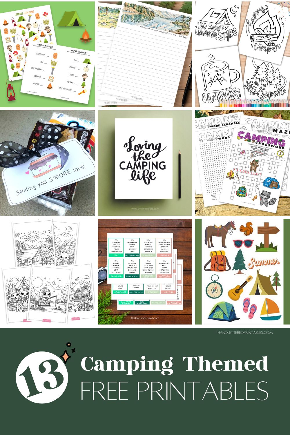 collage of camping themed printables, text over reads: 13 camping themed free printables
