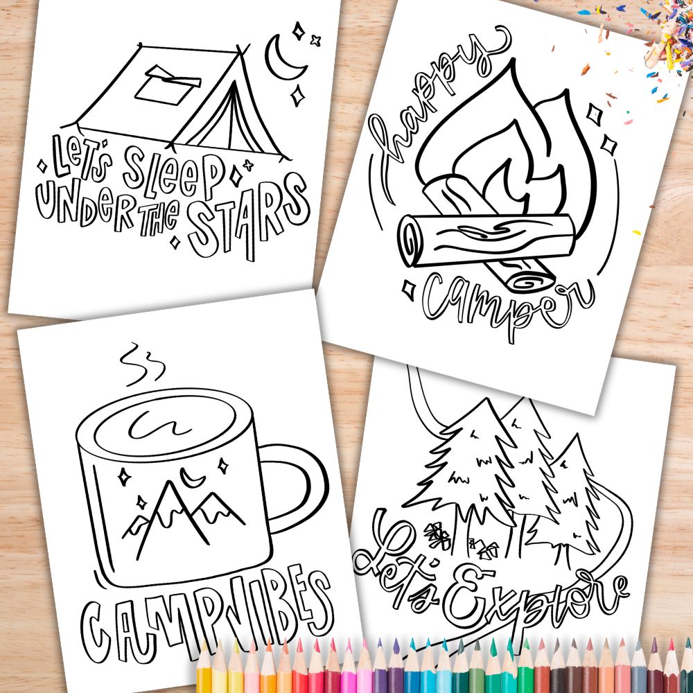 4 camping coloring sheets printed on wooden table with pencil crayons