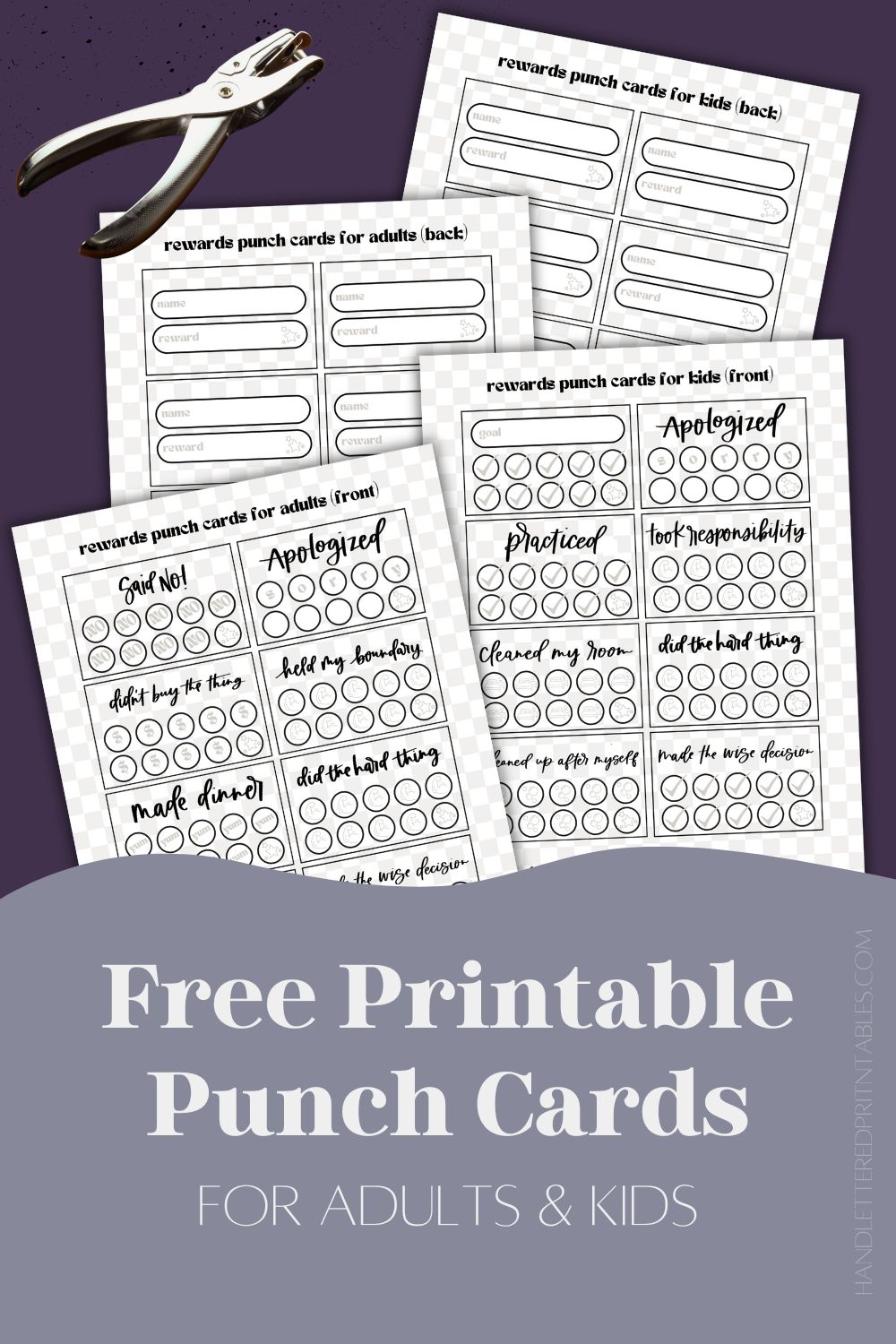 image of printable punch cards for adults and kids, ready to be cut out with scissors (8 to a page) punch cards have a soft checkerboard background with hand lettered goals like 'said no!', 'didn't buy the thing', 'made dinner', 'held my boundary' and 'made the wise decision' text over reads: free printable punch cards for adults and kids