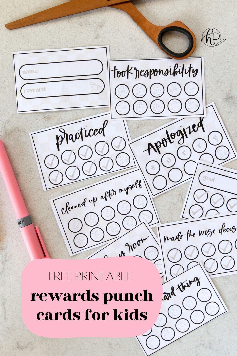 image of printed punch cards for kids, cut to size with scissors punch cards have a soft checkerboard background with hand lettered goals like 'practiced', 'took responsibility', 'apologized', 'cleaned up after myself' and 'made the wise decision'