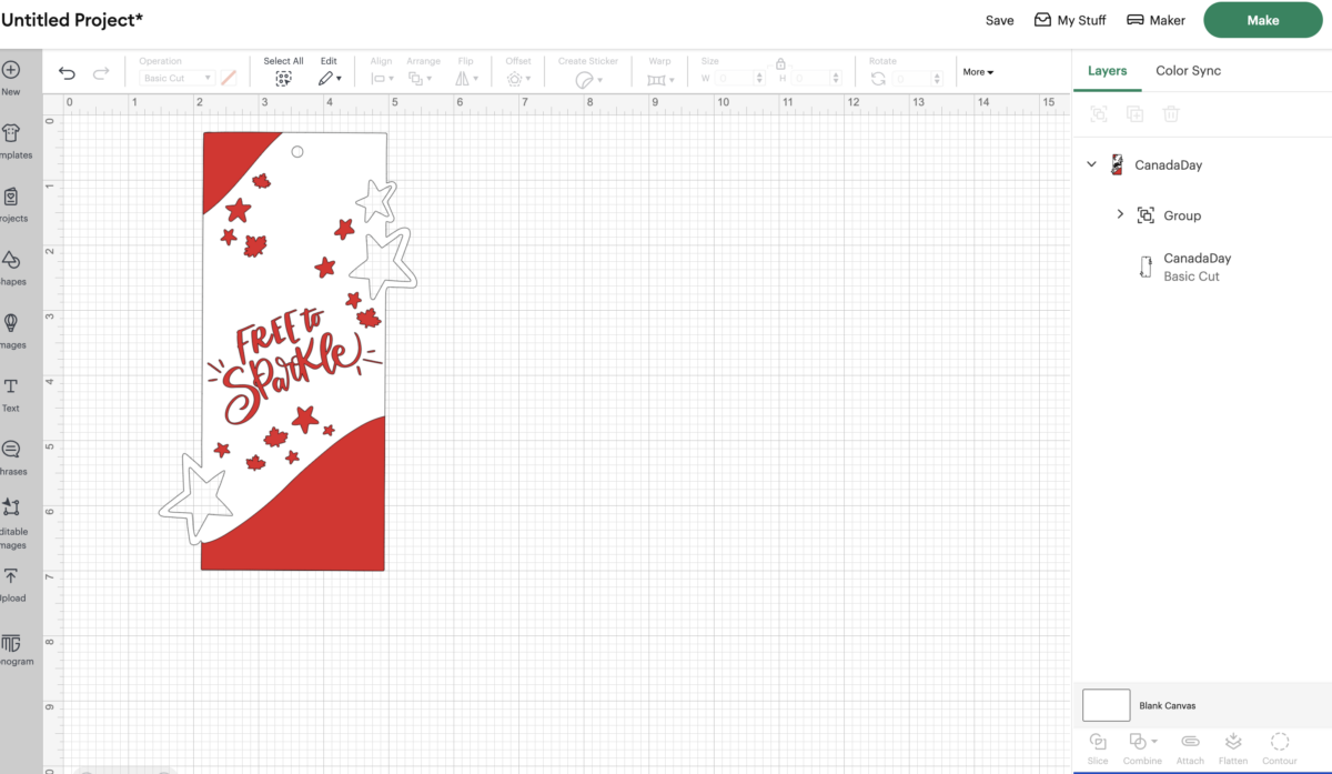 image of canada day sparklers holder uploaded to canvas in cricut design space, showing layers SVG file is a free download on handletteredprintables.com