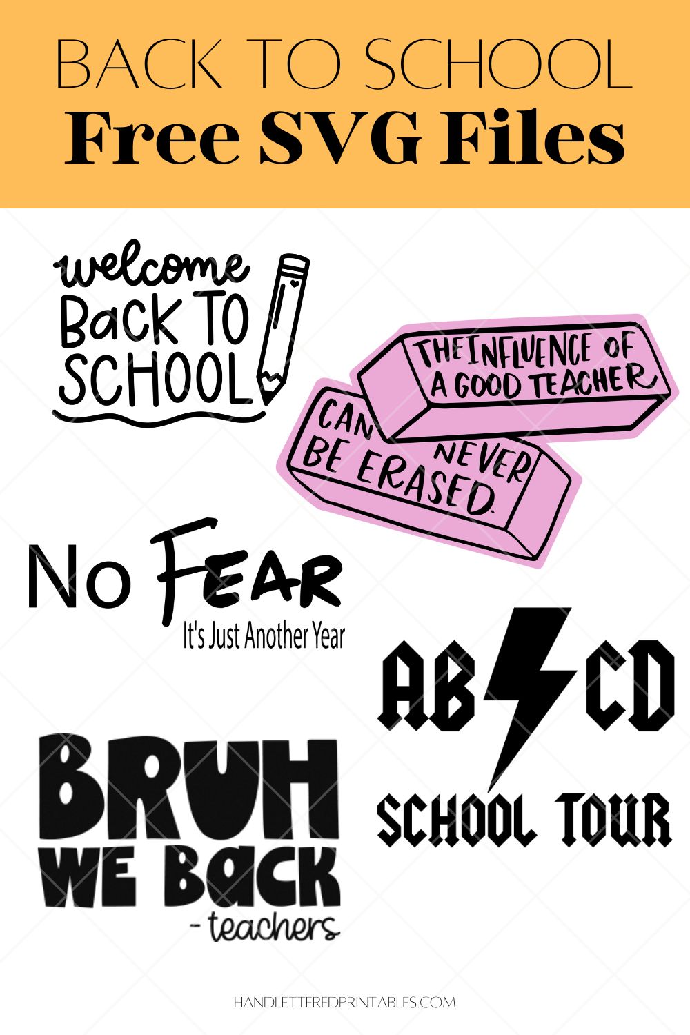 Image is a collage of text and illustration based SVG files with a back to school theme, text title reads: back to school Free SVG Files