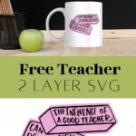 two images stacked with title text in middle. text reads: free teacher 2 Layer SVG Bottom image shows the free SVG on white background: 'The influence of a good teacher can never be erased' hand lettered SVG design in black with pink background layer, design is in two eraser shapes Top image shows the SVG file applied to a white mug on a wooden table in front of a blackboard beside an apple and pencil holder with pencils